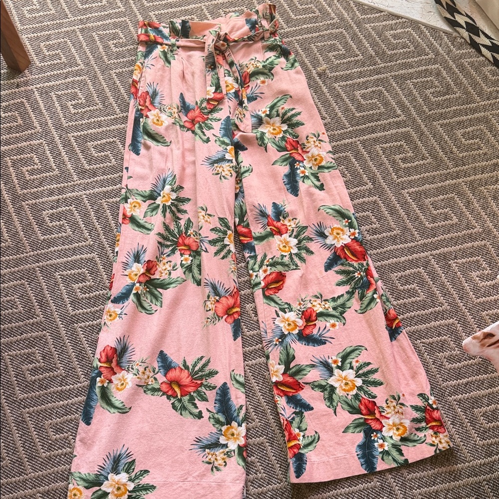 FARM Rio Pink Tropical Floral Wide-Leg Paperbag Pants